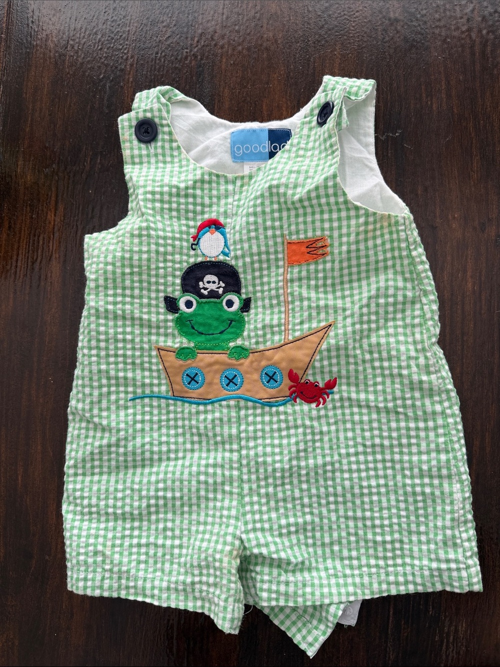 Good Lad Green Gingham Frog Pirate Shortall with Boat Appliqué
